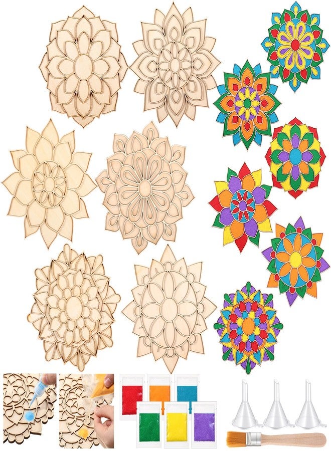 Weekgrat 6 Pcs 9 Inch Diwali Mandala Sand Art Set Reusable Rangoli Mats with Colored Sands Wooden DIY Floral Indian Rangoli Stencils Decorative Plates DIY Crafts for Traditional (Exquisite) - Image 1